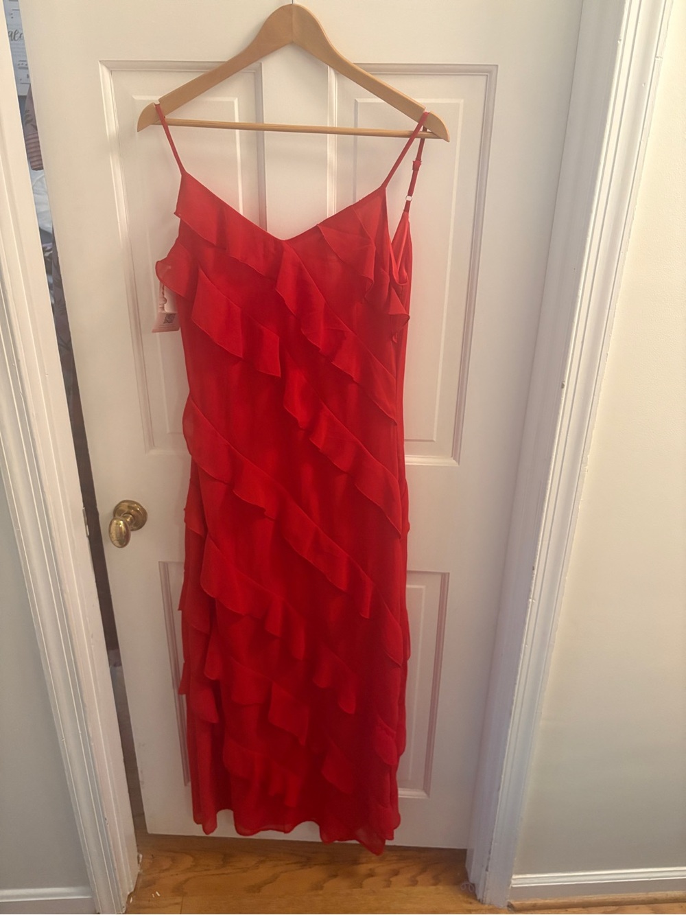 NWT Sunfere Red Tiered Ruffle Midi Slip Dress with Adjustable Straps